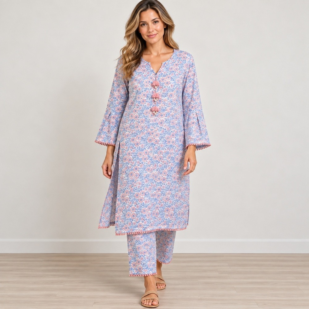 Khaadi Kurta Tunic Pants Set Women 10 Blue Pink Floral Cotton Pom Pom Trim Boho